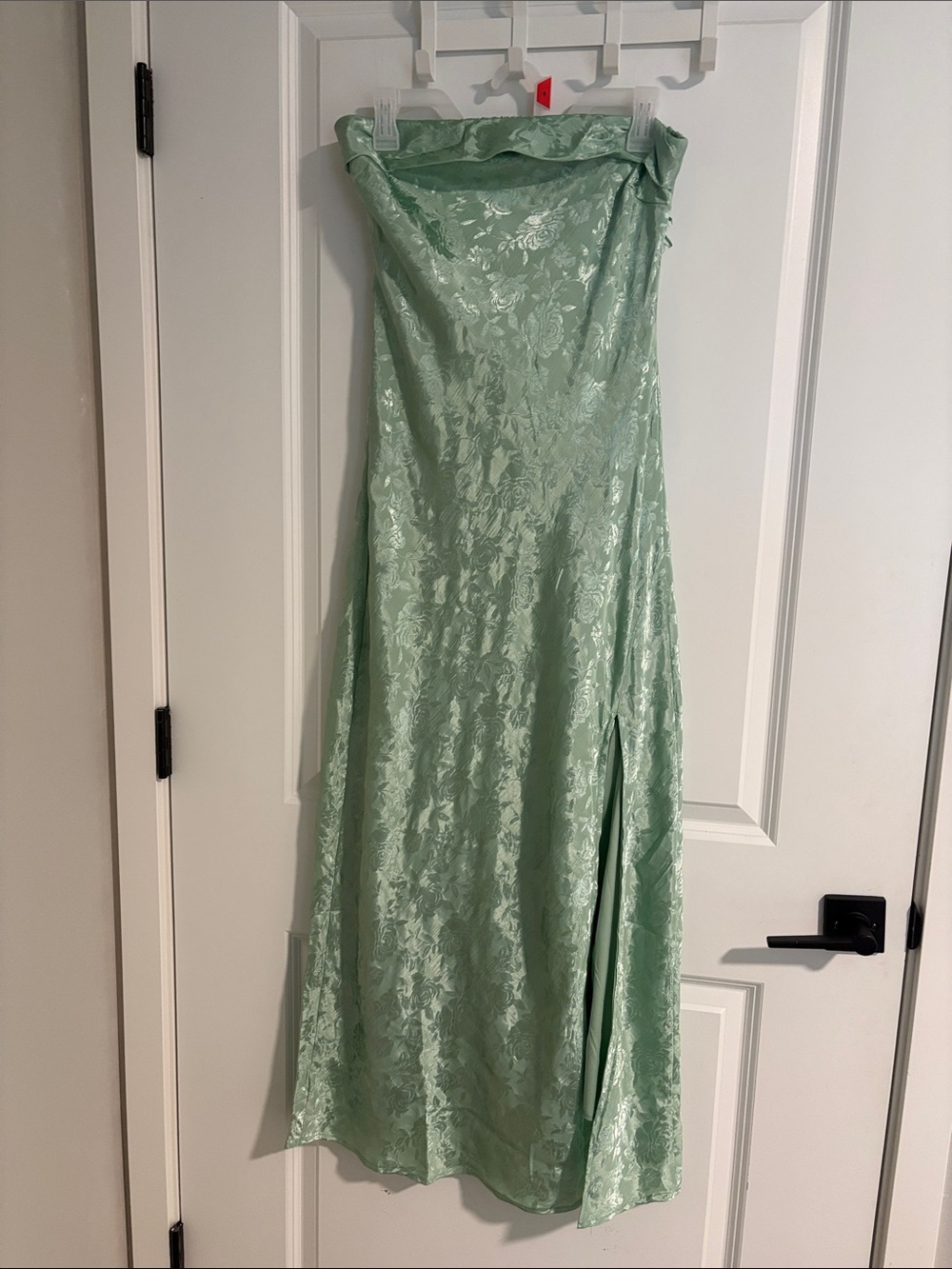 Mint Green Strapless Satin Gown with Side Slit